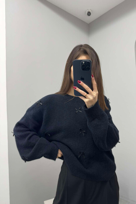 RIBBON DETAILS ROUND NECK WOMEN SWEATER IN DARK BLUE COLOR 