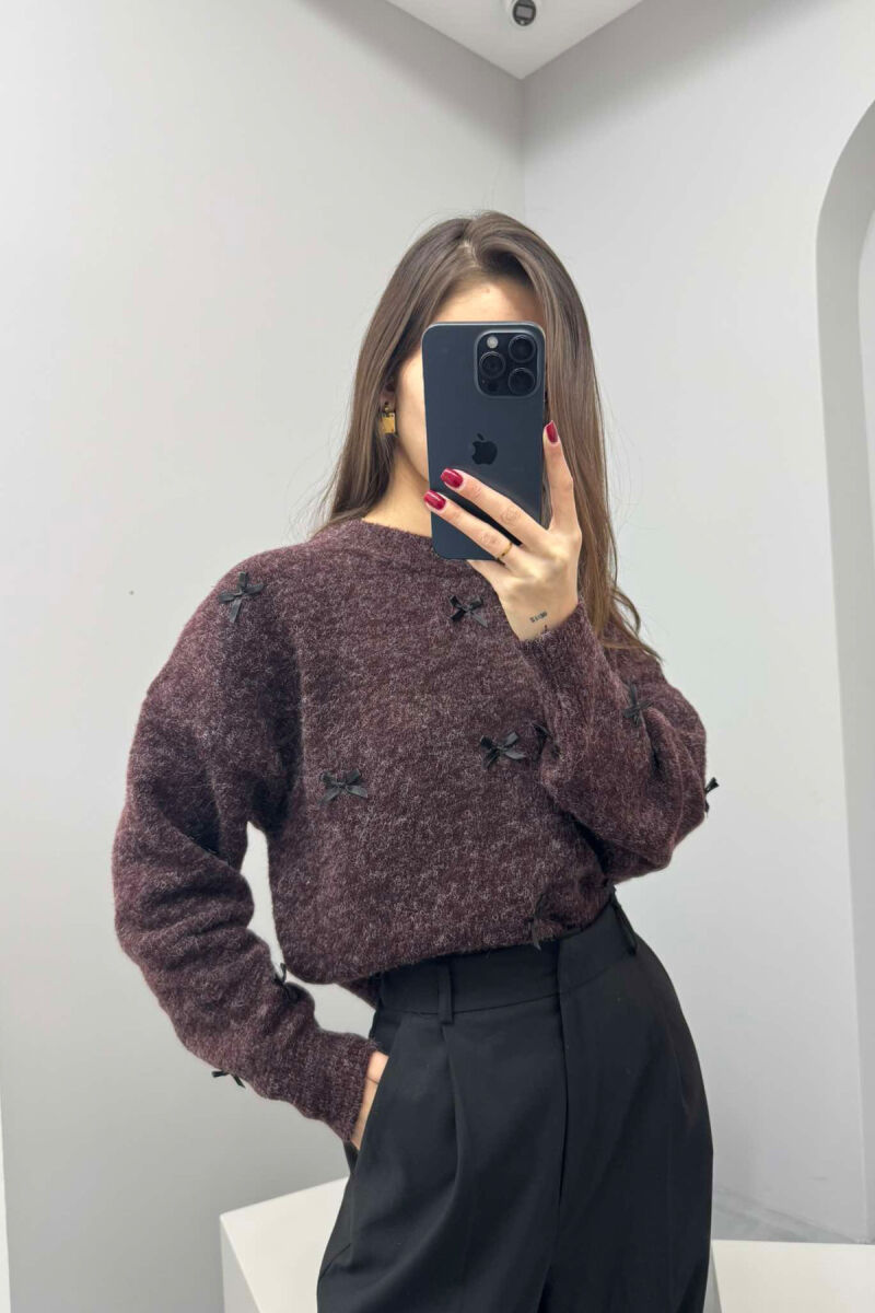 RIBBON DETAILS ROUND NECK WOMEN SWEATER IN BROWN COLOR - 2