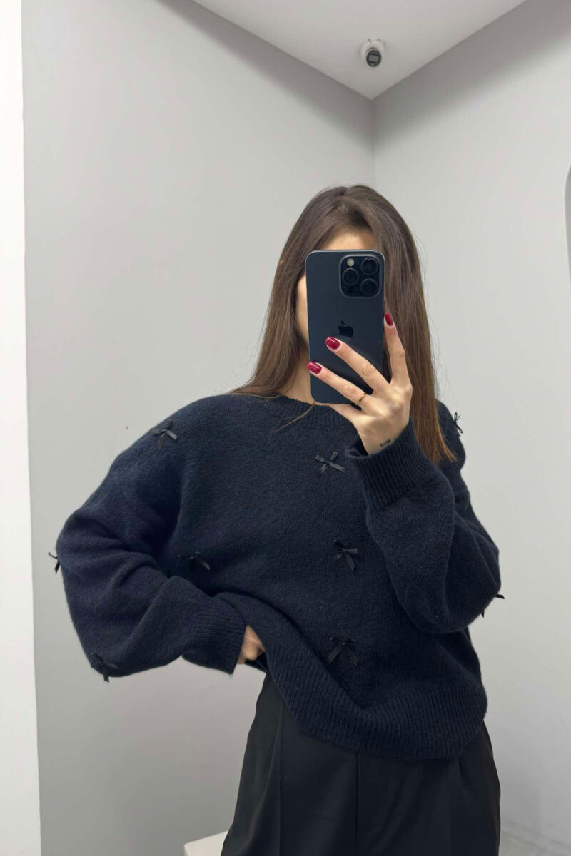 RIBBON DETAILS ROUND NECK WOMEN SWEATER IN DARK BLUE COLOR - 1