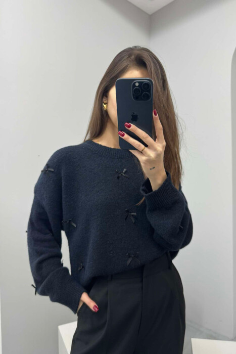 RIBBON DETAILS ROUND NECK WOMEN SWEATER IN DARK BLUE COLOR - 2