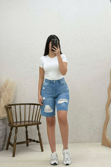 RIPPED DENIM WOMEN SHORTS LIGHTBLUE/BZ - 1