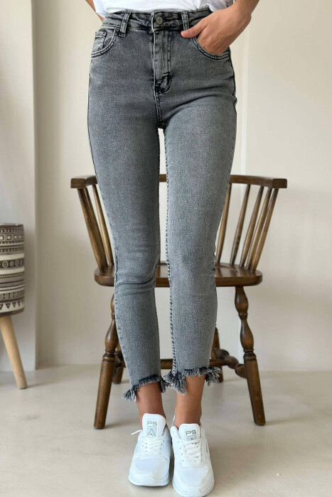 RIPPED END WOMEN JEANS GREY/GRI - KLAUDIO FASHION