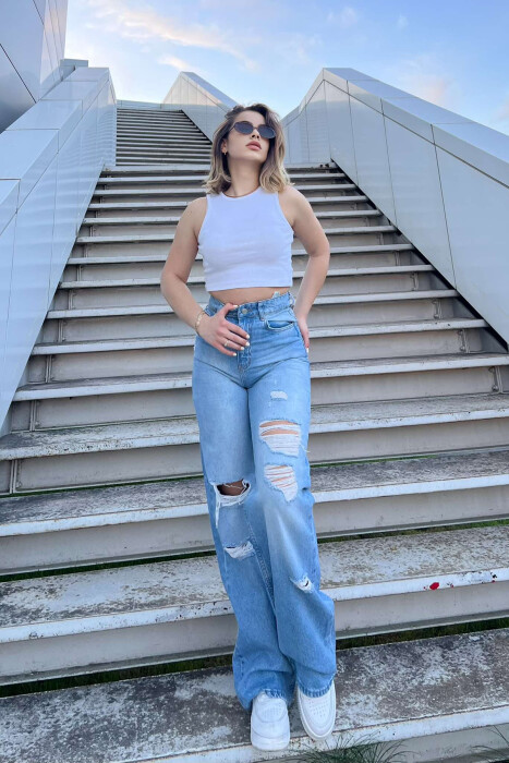 RIPPED JEANS ONE COLOR WOMEN JEANS BLUE/BLU - KLAUDIO FASHION