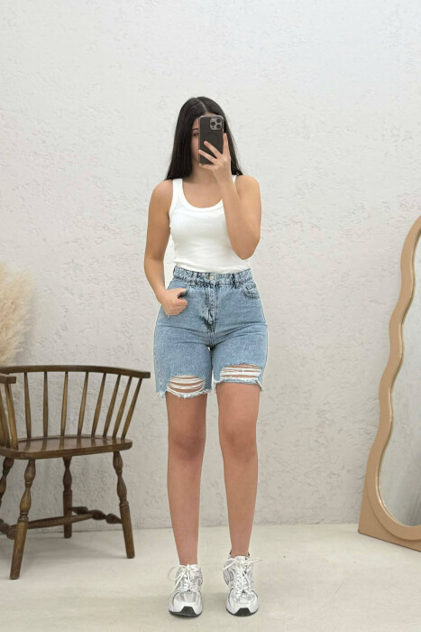 RIPPED KNEE HIGH WAIST DENIM WOMAN SHORTS LIGHTBLUE/BZ - KLAUDIO FASHION