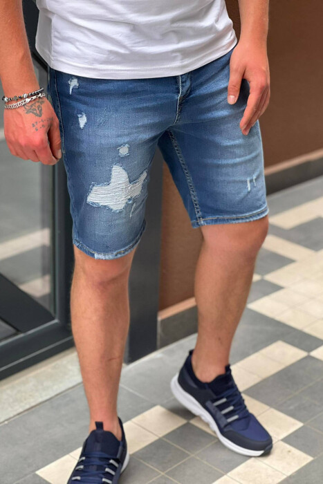 RIPPED MAN SHORT JEANS BLUE/BLU - KLAUDIO FASHION