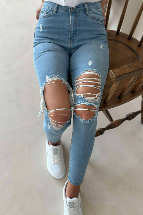 RIPPED SLIM FIT WOMEN JEANS LIGHTBLUE/BZ - KLAUDIO FASHION