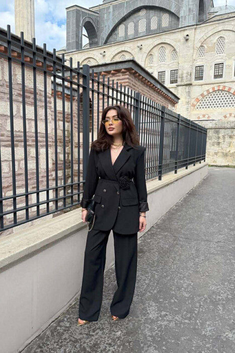 ROSE DETAIL CLASSIC JACKET + TROUSERS WOMAN SET BLACK/ E ZEZE - 1