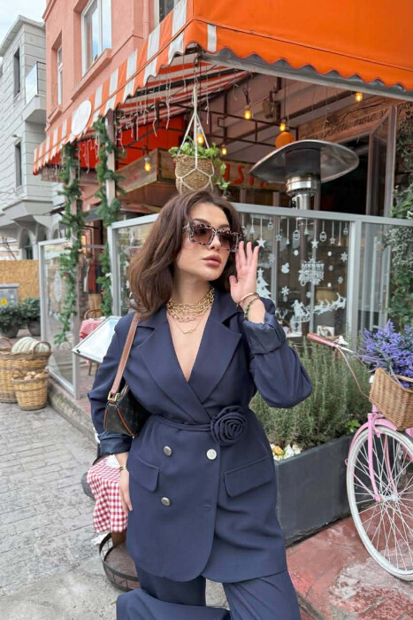 ROSE DETAIL CLASSIC JACKET + TROUSERS WOMAN SET BLUE/BLU - 3