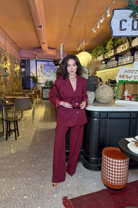 ROSE DETAIL CLASSIC JACKET + TROUSERS WOMAN SET BURGUNDY/VISHNJE - 3