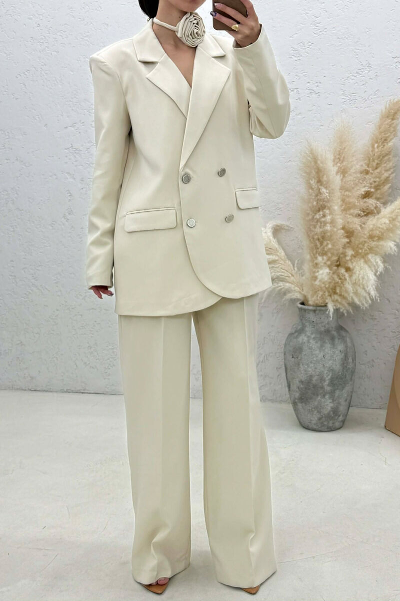 ROSE DETAIL CLASSIC JACKET + TROUSERS WOMAN SET CREAM/KREM - 3