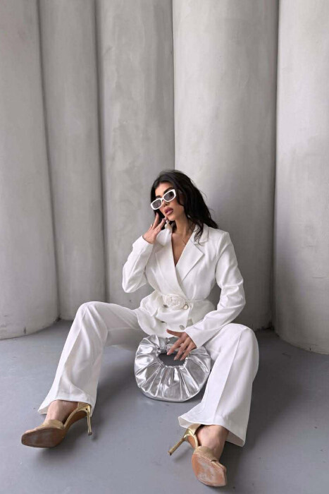 ROSE DETAIL CLASSIC JACKET + TROUSERS WOMAN SET WHITE-E BARDHE - 6