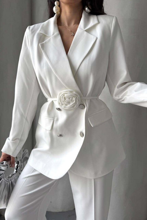 ROSE DETAIL CLASSIC JACKET + TROUSERS WOMAN SET WHITE-E BARDHE - 7