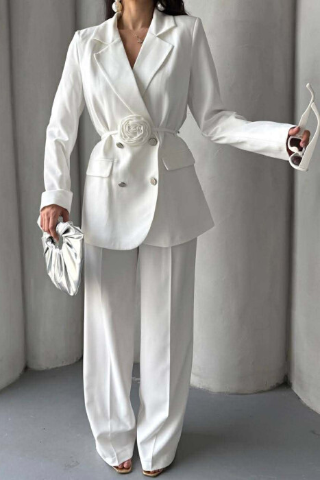 ROSE DETAIL CLASSIC JACKET + TROUSERS WOMAN SET WHITE-E BARDHE - 9