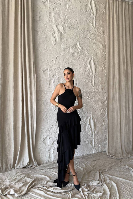 ROSE DETAIL THIN STRAPS WOMAN DRESS BLACK/ E ZEZE - KLAUDIO FASHION