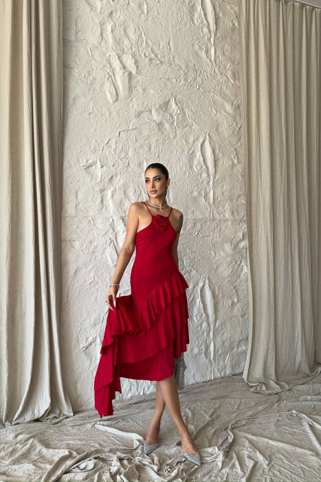 ROSE DETAIL THIN STRAPS WOMAN DRESS RED/E KUQE - 1