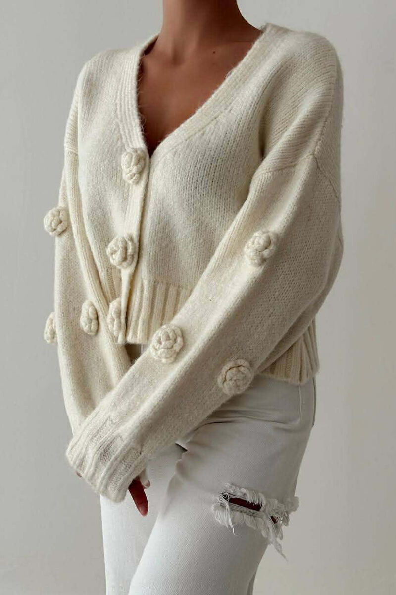 ROSE DETAILS ONE COLOR WOMEN CARDIGAN CREAM/KREM - 1