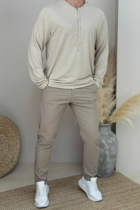 ROUND BUTTONED NECK ONE COLOR MEN SHIRT BEIGE/BEZHE - KLAUDIO FASHION