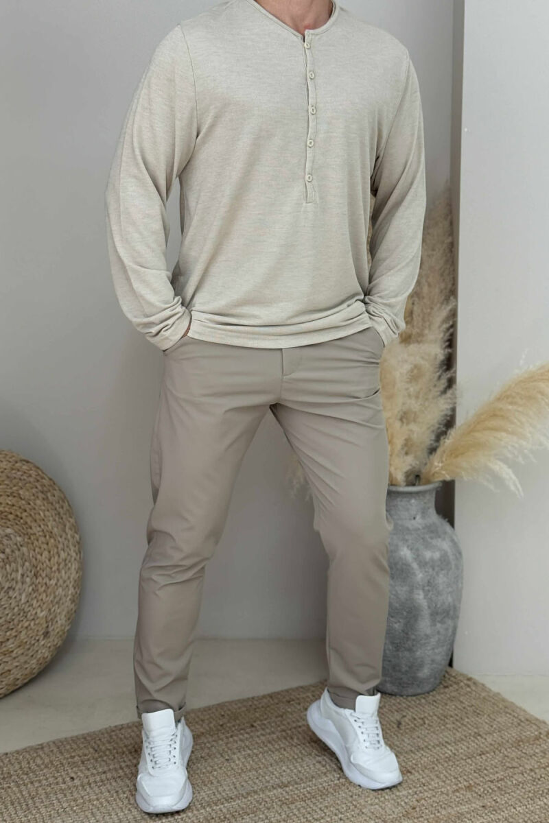 ROUND BUTTONED NECK ONE COLOR MEN SHIRT BEIGE/BEZHE - 1