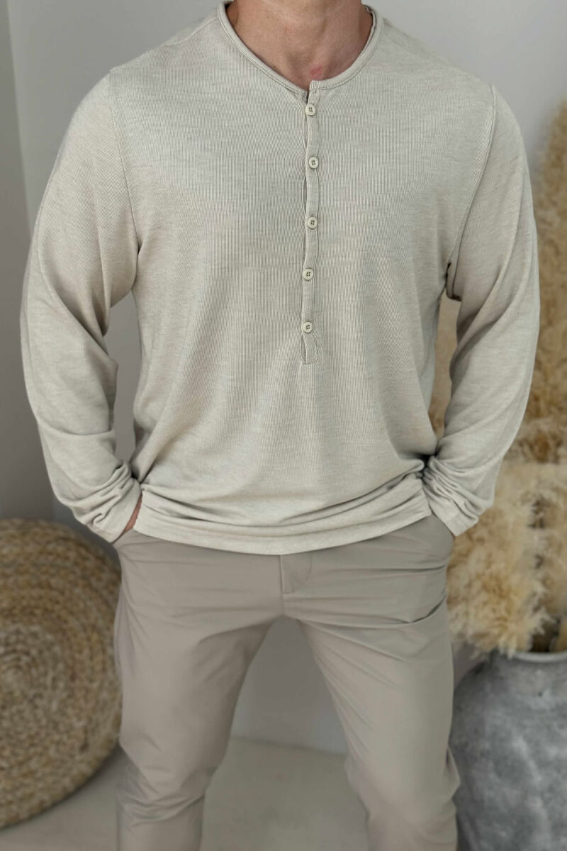 ROUND BUTTONED NECK ONE COLOR MEN SHIRT BEIGE/BEZHE - 3