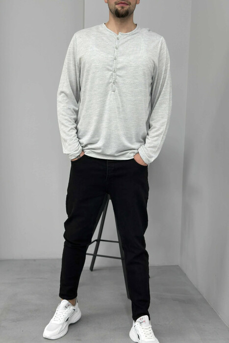 ROUND BUTTONED NECK ONE COLOR MEN SHIRT LIGHT GREY/GZ - KLAUDIO FASHION