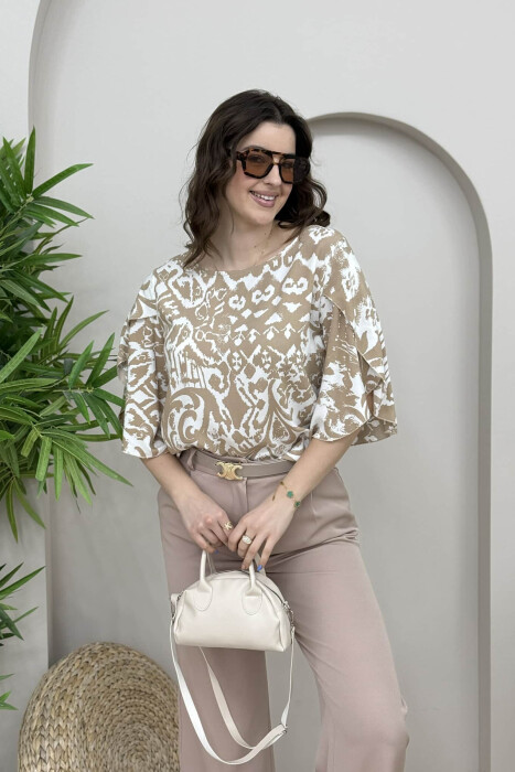 ROUND NECK ABSTRACT DESIGN WOMEN SHIRT BEIGE/BEZHE 