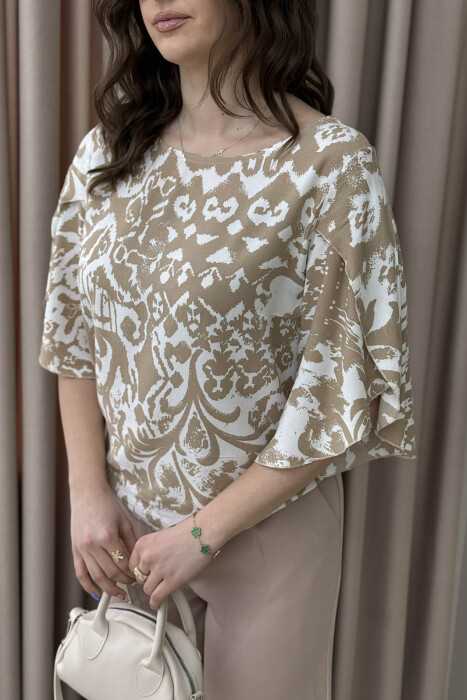 ROUND NECK ABSTRACT DESIGN WOMEN SHIRT BEIGE/BEZHE - 2