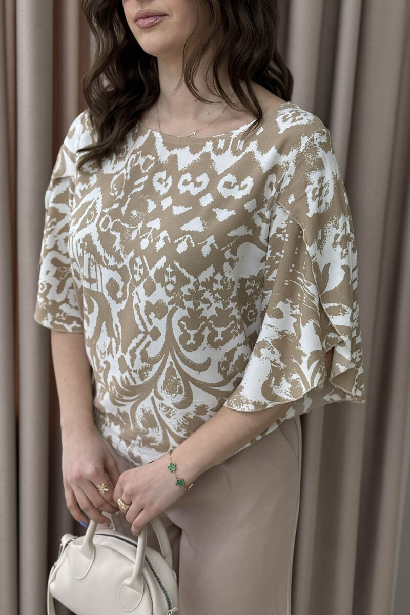 ROUND NECK ABSTRACT DESIGN WOMEN SHIRT BEIGE/BEZHE - 2