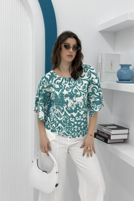 ROUND NECK ABSTRACT DESIGN WOMEN SHIRT BLUE STONE/GK - 1