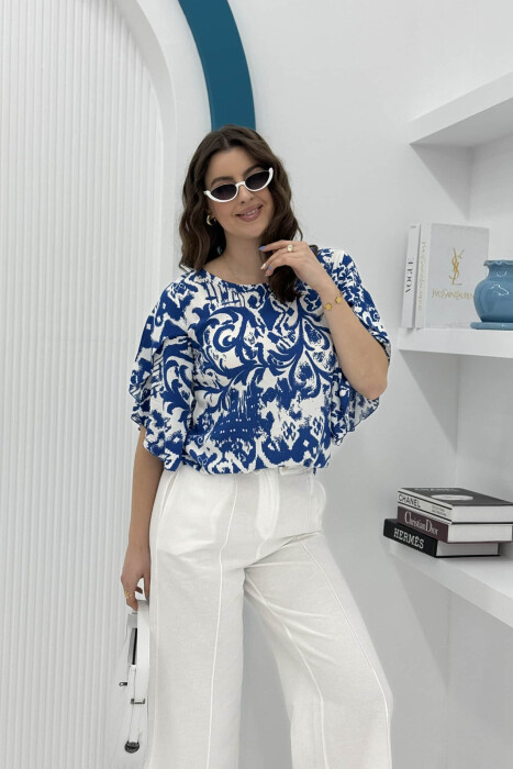 ROUND NECK ABSTRACT DESIGN WOMEN SHIRT BLUE/BLU 