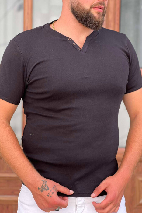 ROUND NECK BUTTONS MEN T-SHIRT BLACK/ E ZEZE - KLAUDIO FASHION