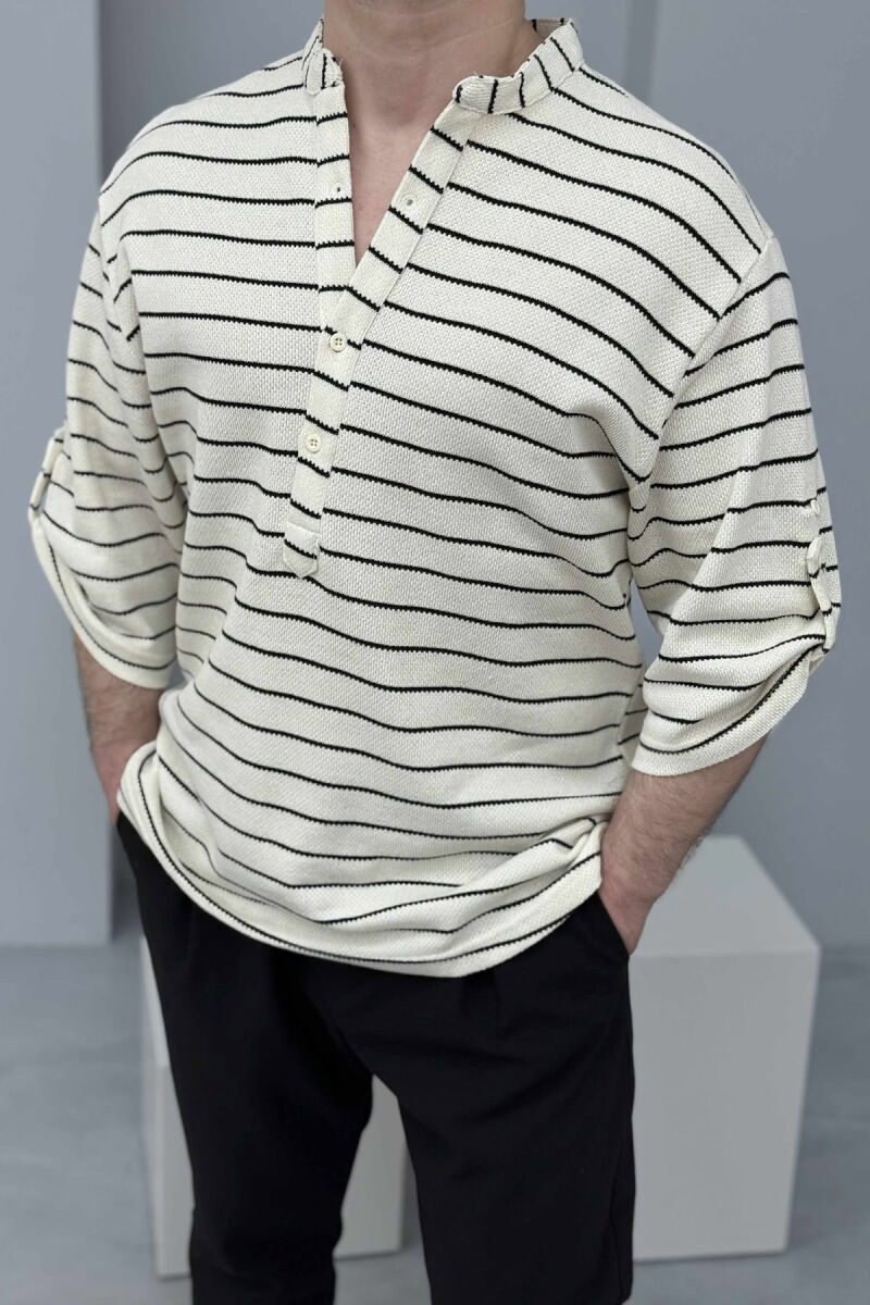 ROUND NECK BUTTONS STRIPED MEN T-SHIRT BLACK-CREAM/ZEKR - 1
