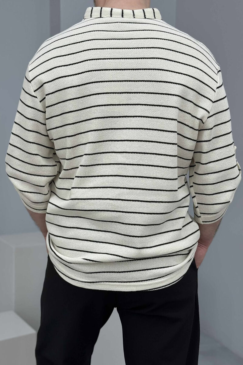 ROUND NECK BUTTONS STRIPED MEN T-SHIRT BLACK-CREAM/ZEKR - 2