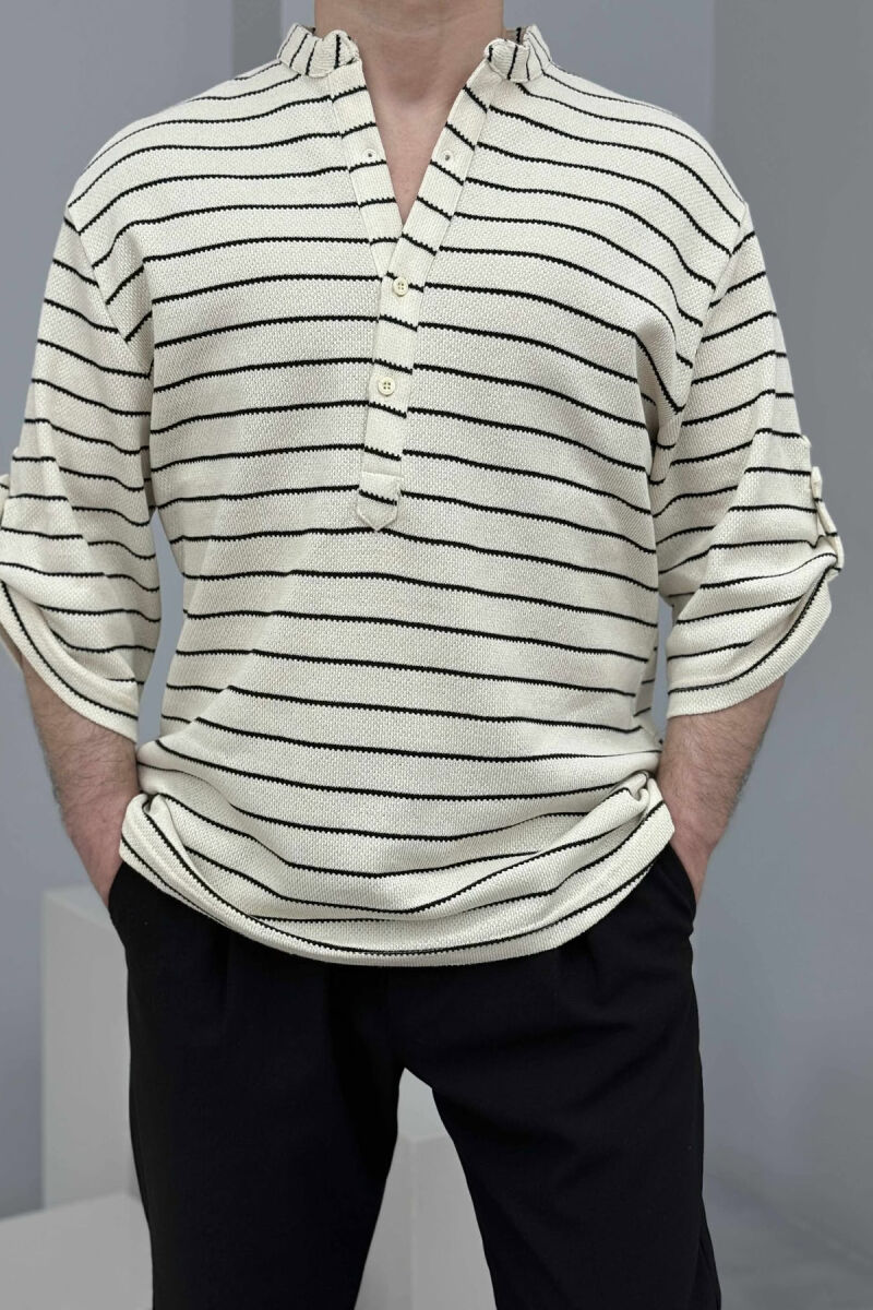 ROUND NECK BUTTONS STRIPED MEN T-SHIRT BLACK-CREAM/ZEKR - 3