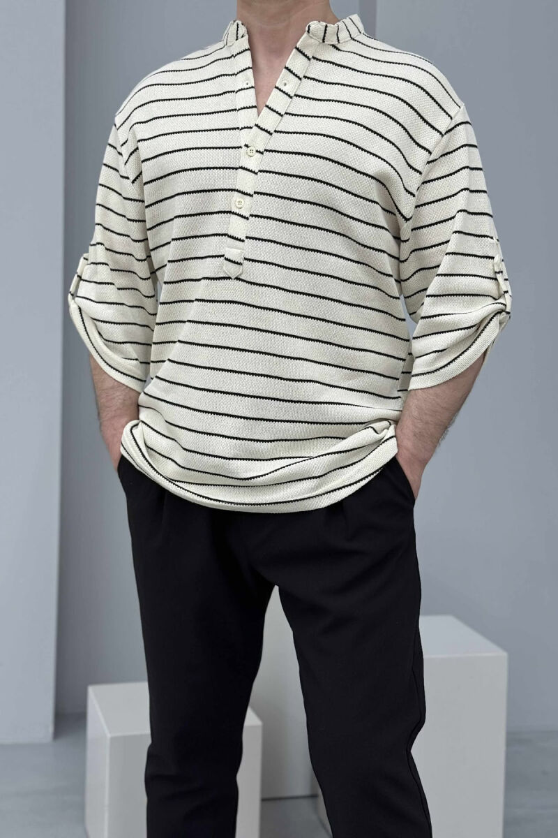 ROUND NECK BUTTONS STRIPED MEN T-SHIRT BLACK-CREAM/ZEKR - 4