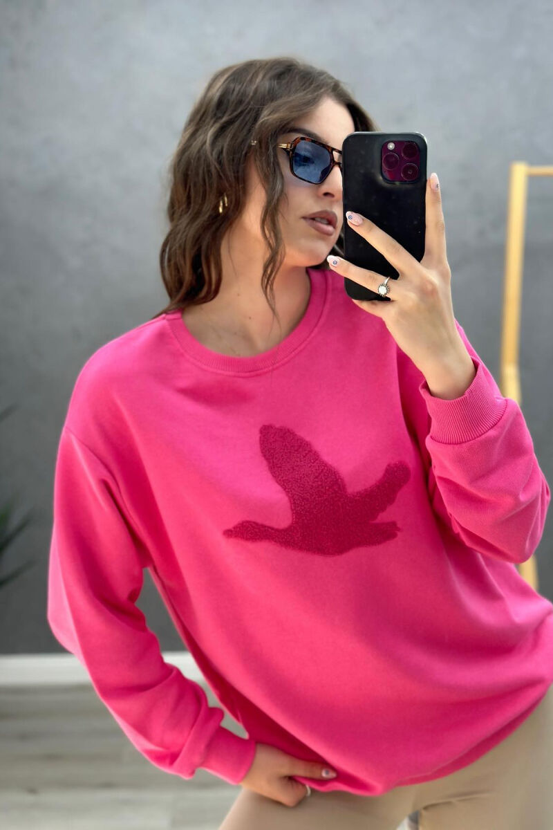 ROUND NECK COTTON SIMPLE WOMAN SWEATSHIRT FUCHSIA/CIKLAMI - 2