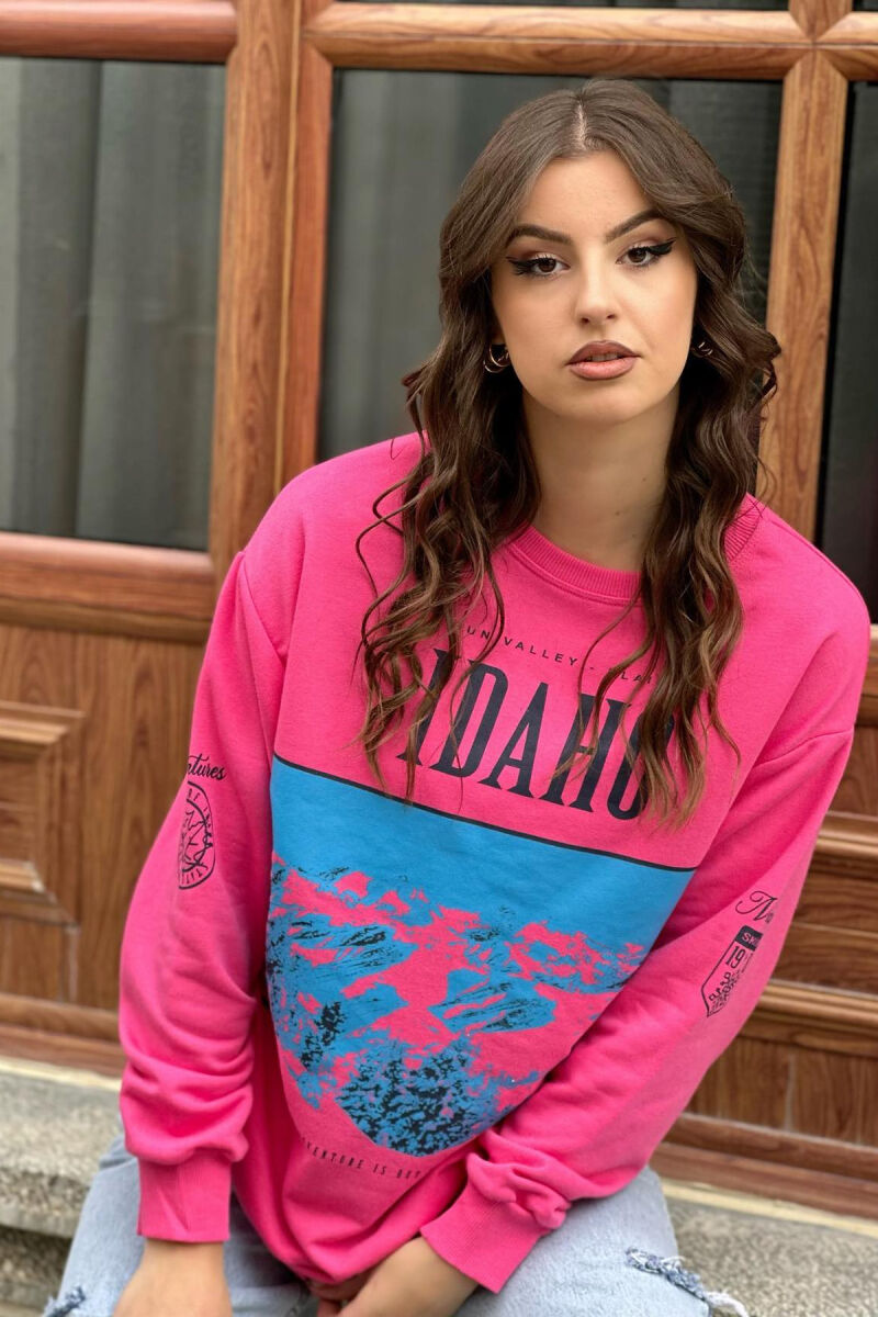 ROUND NECK COTTON SIMPLE WOMAN SWEATSHIRT FUCHSIA/CIKLAMI - 1