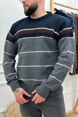 ROUND NECK DIFFERENT COLOR MEN SWEATER DARK BLUE/BEE 