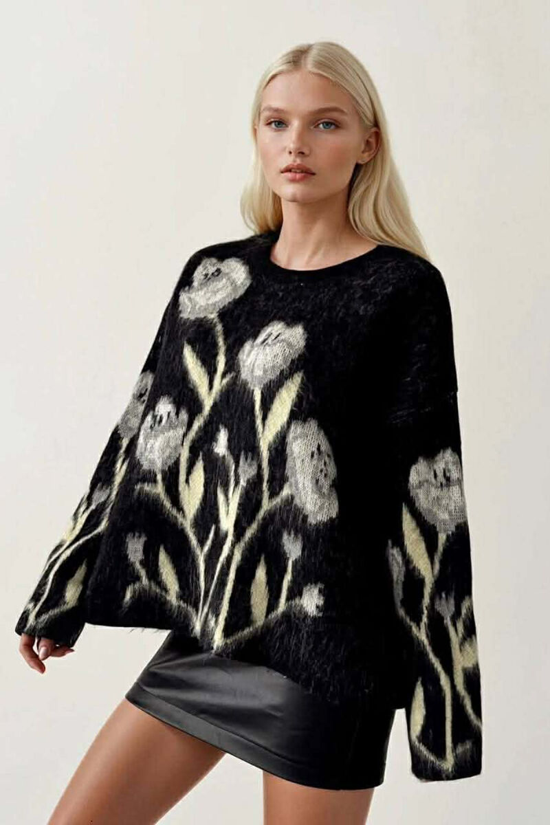 ROUND NECK FLOWERS DESIGN WOMEN SWEATER BLACK/ E ZEZE - 2