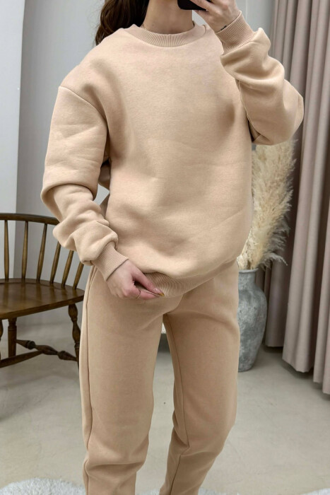 ROUND NECK FLUFFY SWEATSHIRT+ JOGGERS WOMEN SET BEIGE/BEZHE - 2