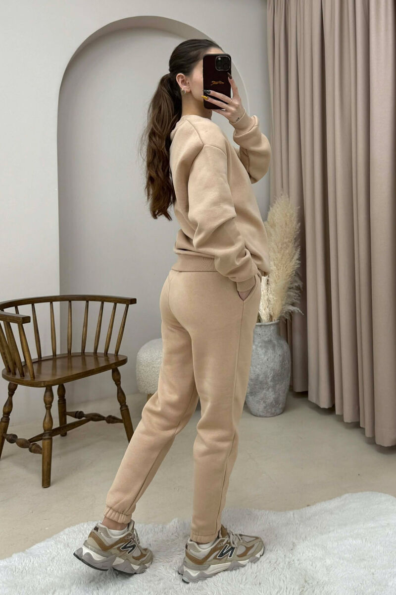 ROUND NECK FLUFFY SWEATSHIRT+ JOGGERS WOMEN SET BEIGE/BEZHE - 3