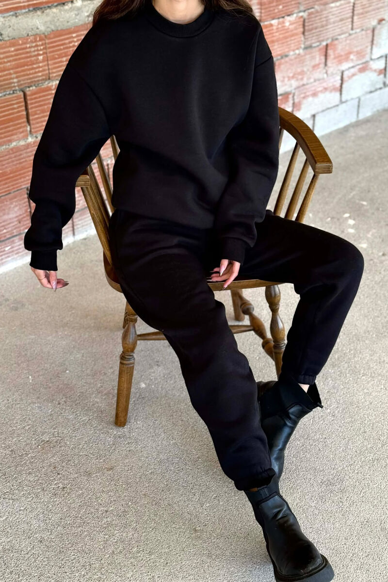 ROUND NECK FLUFFY SWEATSHIRT+ JOGGERS WOMEN SET BLACK/ E ZEZE - 3