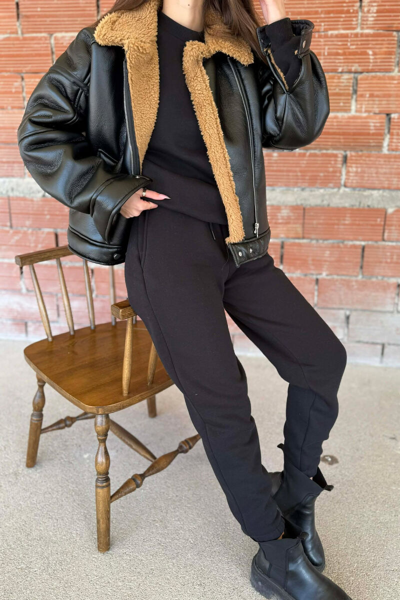 ROUND NECK FLUFFY SWEATSHIRT+ JOGGERS WOMEN SET BLACK/ E ZEZE - 5