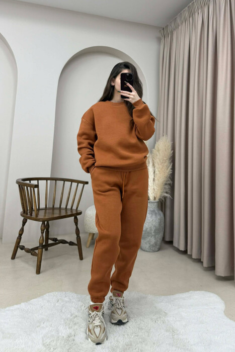 ROUND NECK FLUFFY SWEATSHIRT+ JOGGERS WOMEN SET BRICK/TULLE - 6