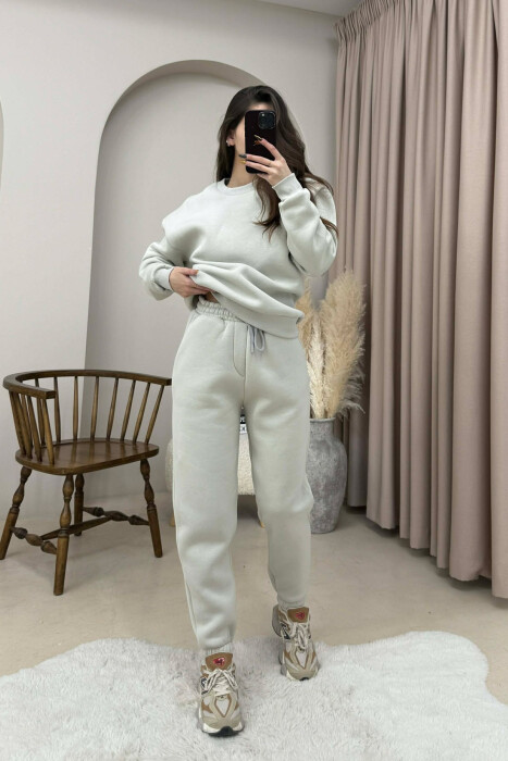 ROUND NECK FLUFFY SWEATSHIRT+ JOGGERS WOMEN SET BRIGHT GREY/GRI E SHNDRITSHME 