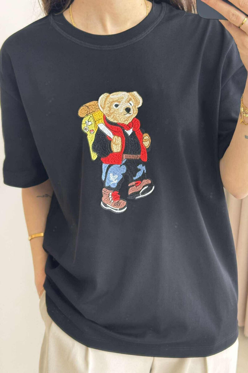 ROUND NECK FRONT BEAR IMAGE WOMEN T-SHIRT BLACK/ E ZEZE - 2