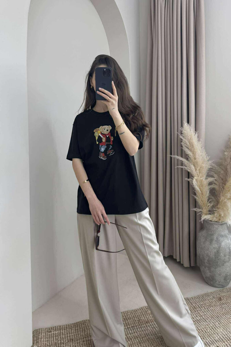ROUND NECK FRONT BEAR IMAGE WOMEN T-SHIRT BLACK/ E ZEZE - 1
