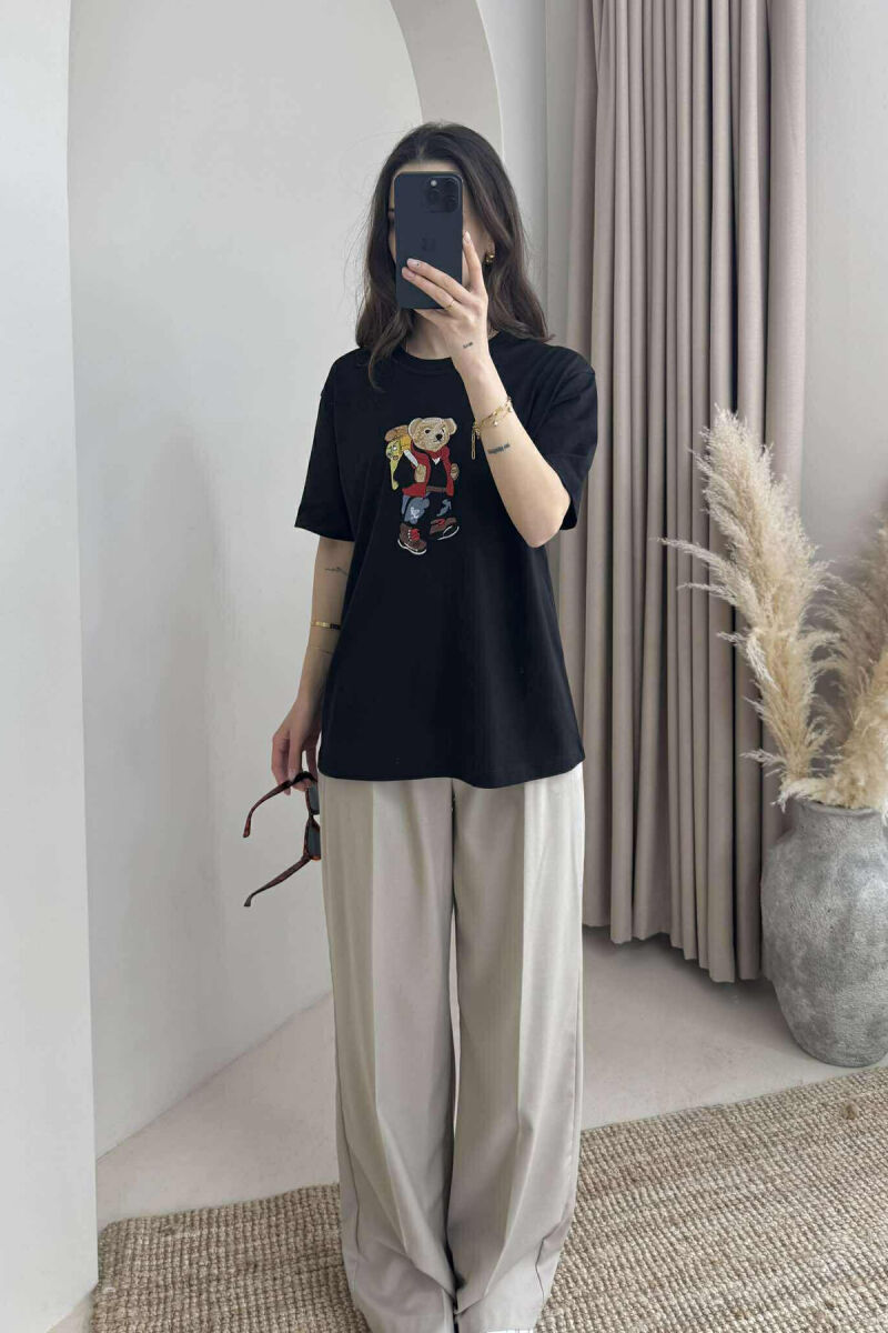 ROUND NECK FRONT BEAR IMAGE WOMEN T-SHIRT BLACK/ E ZEZE - 3