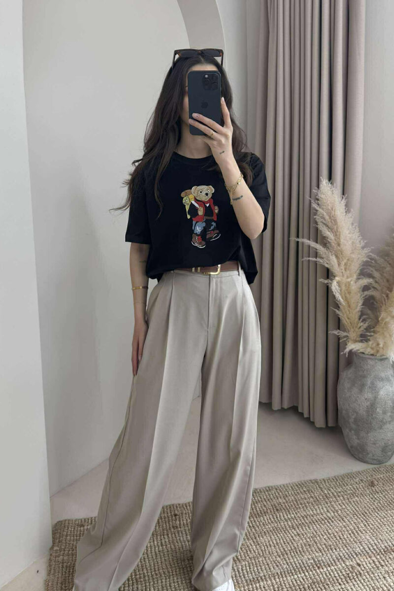 ROUND NECK FRONT BEAR IMAGE WOMEN T-SHIRT BLACK/ E ZEZE - 4