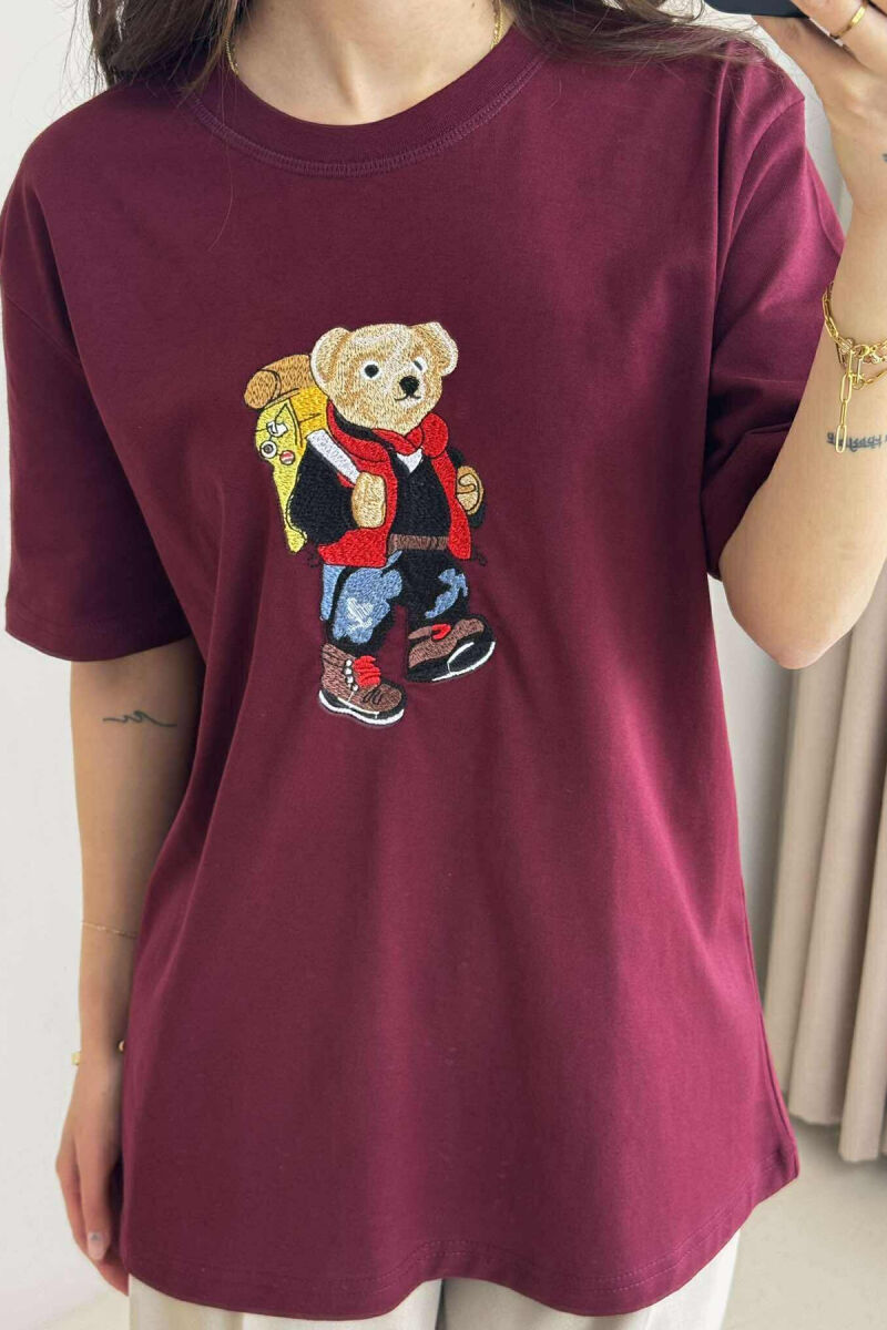 ROUND NECK FRONT BEAR IMAGE WOMEN T-SHIRT BURGUNDY/VISHNJE - 2