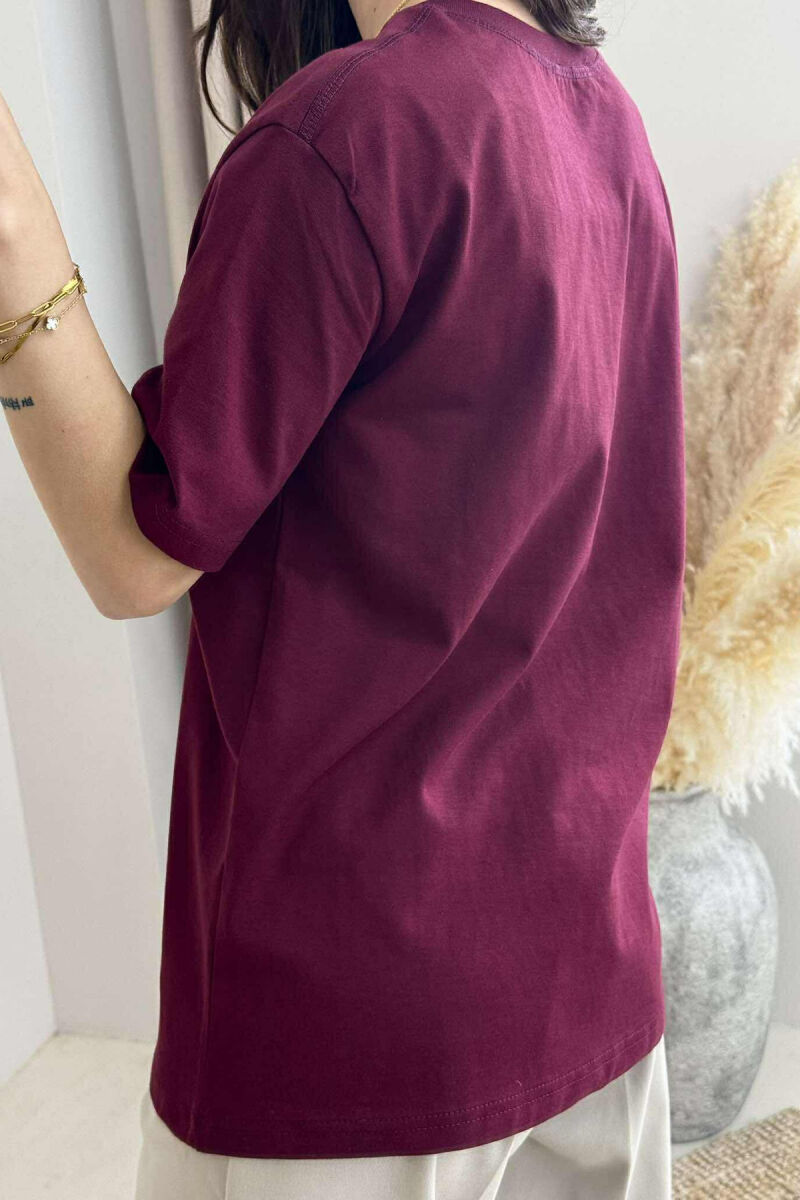 ROUND NECK FRONT BEAR IMAGE WOMEN T-SHIRT BURGUNDY/VISHNJE - 3